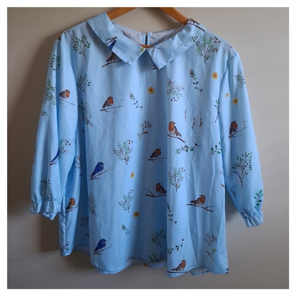 Whimsigoth Prairie Cottagecore Blue Blouse Peter Pan Collar Twee Ruffle Airy XXL